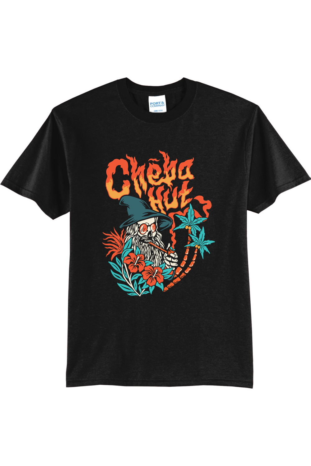 A black short-sleeved t-shirt featuring a colorful graphic on the back depicting a wizard-like figure with a long white beard, a pointed hat, sunglasses, and a pipe, surrounded by flames, hibiscus flowers, and palm trees, with the 'Cheba Hut' logo above.