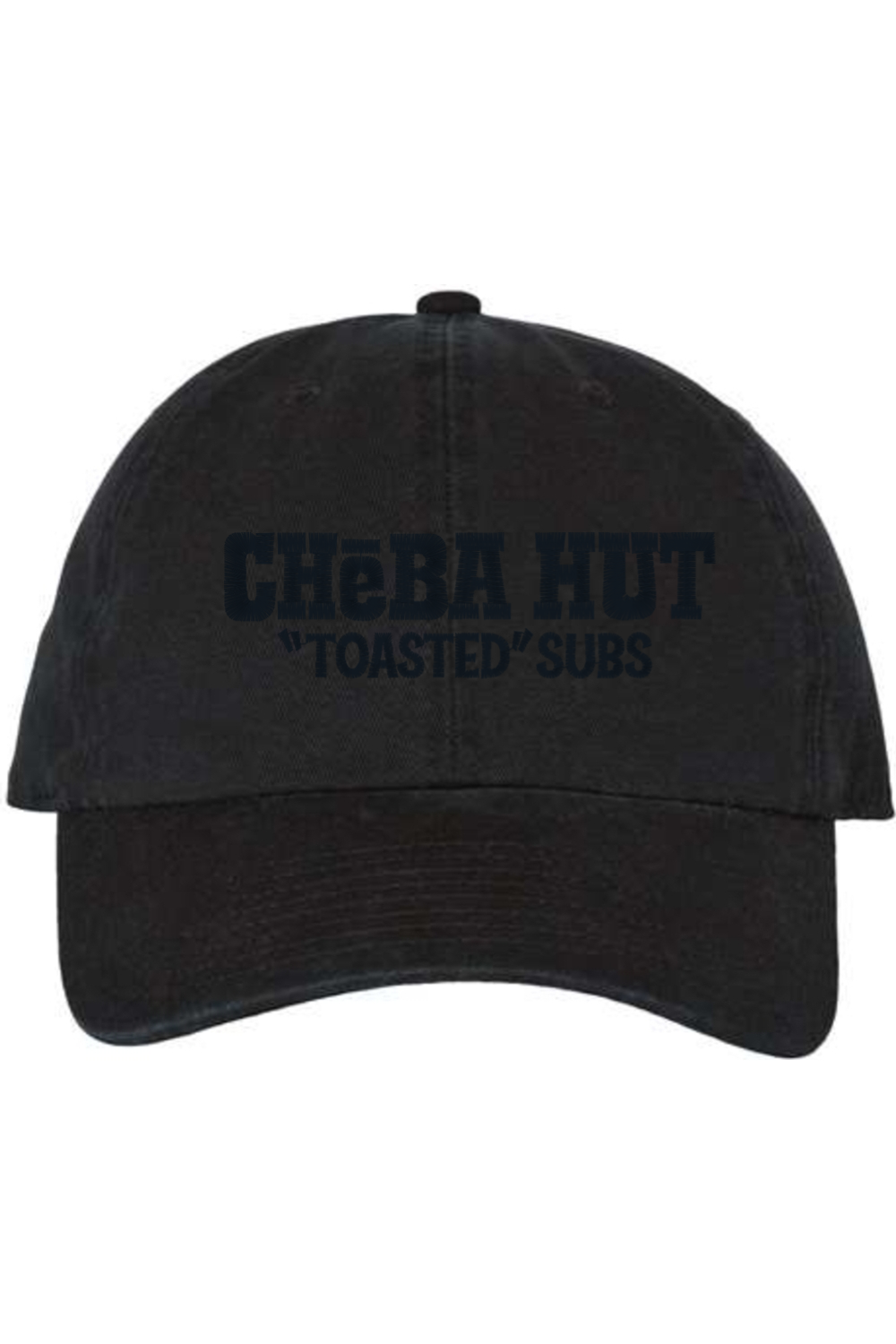 A black baseball cap with a curved brim. The front of the cap features the black stylized text 'CHEBA HUT "TOASTED" SUBS' embroidered across the center. The cap has a visible button on the top and an adjustable strap in the back (not visible).