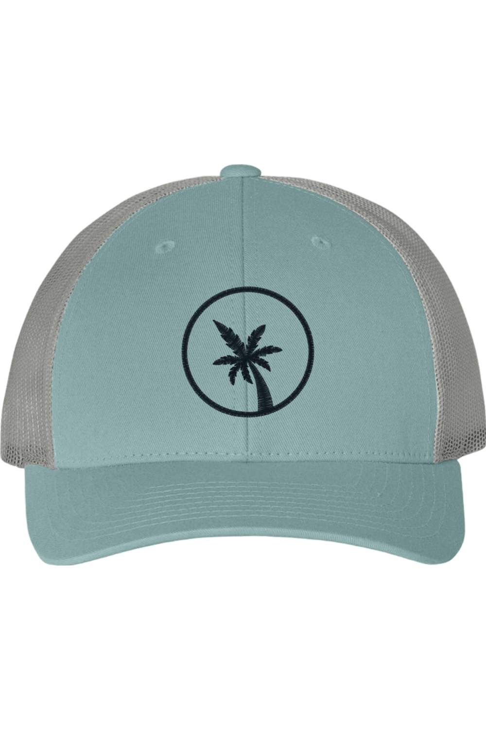 Light blue and gray cap with a black palm tree design on a white background