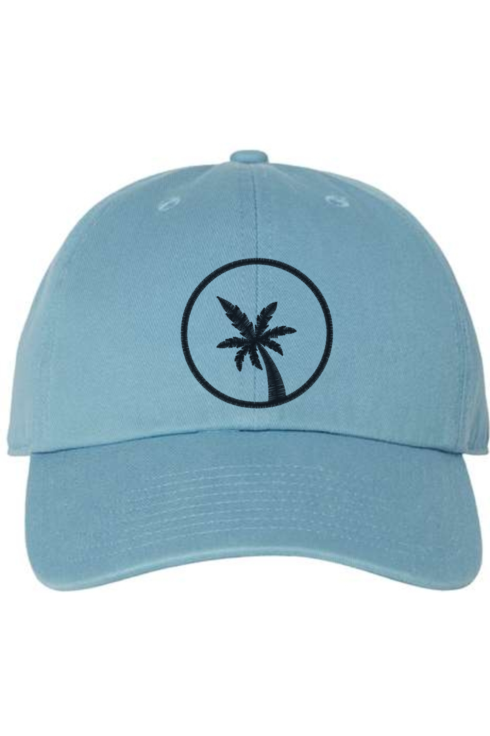 A blue baseball cap with a curved brim. The front of the hat features an embroidered seven frond Palm Tree in black thread. The cap has a visible button on the top and an adjustable strap in the back (not visible).