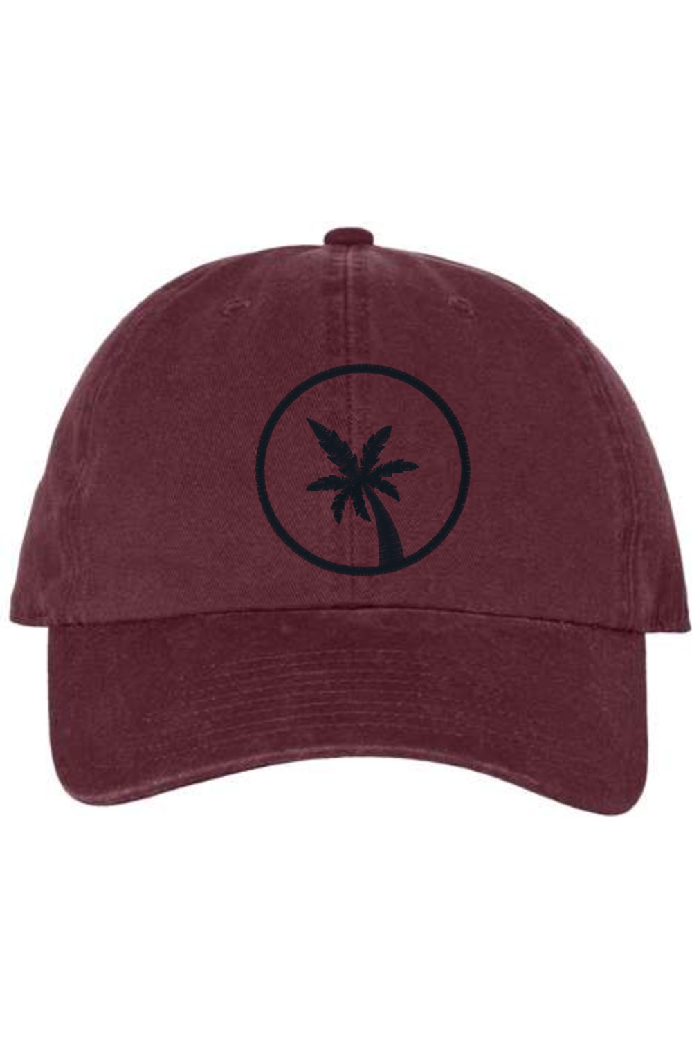A maroon baseball cap with a curved brim. The front of the hat features an embroidered seven frond Palm Tree in black thread. The cap has a visible button on the top and an adjustable strap in the back (not visible).