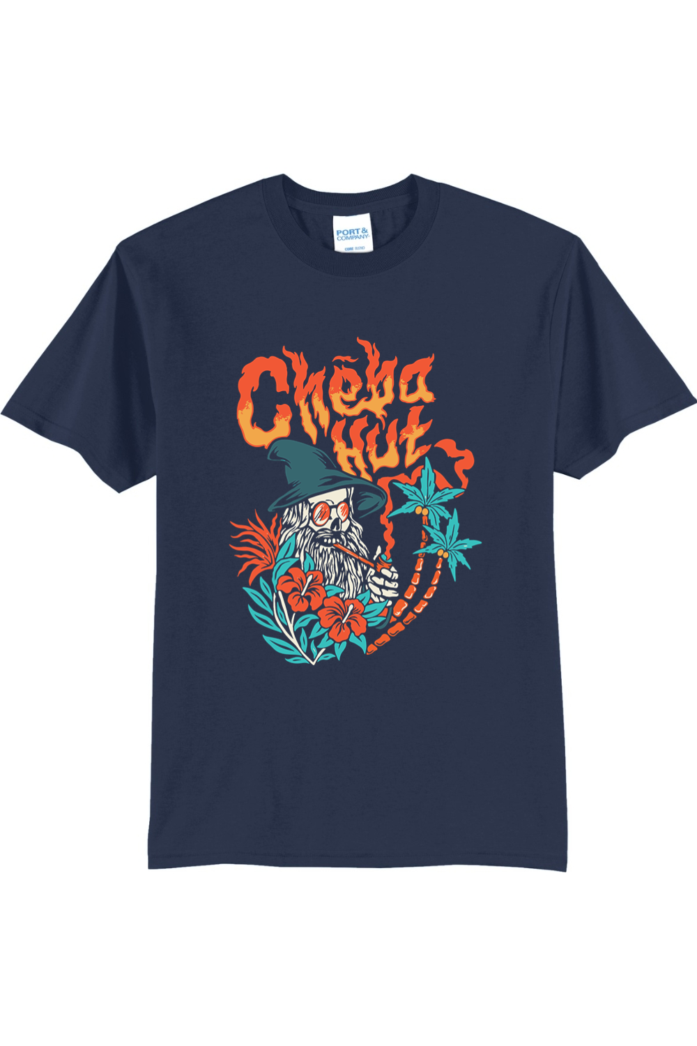 A navy short-sleeved t-shirt featuring a colorful graphic on the back depicting a wizard-like figure with a long white beard, a pointed hat, sunglasses, and a pipe, surrounded by flames, hibiscus flowers, and palm trees, with the 'Cheba Hut' logo above.