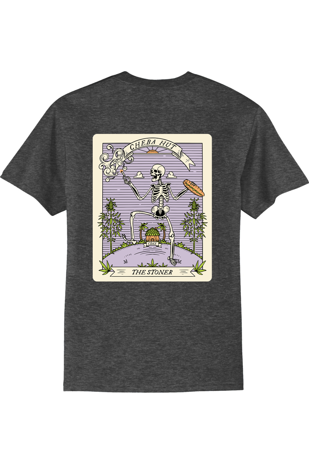 A grey short-sleeved t-shirt featuring a rectangular graphic on the back depicting a skeleton holding a smoking item and a sandwich, with 'CHEBA HUT' and 'THE STONER' text.