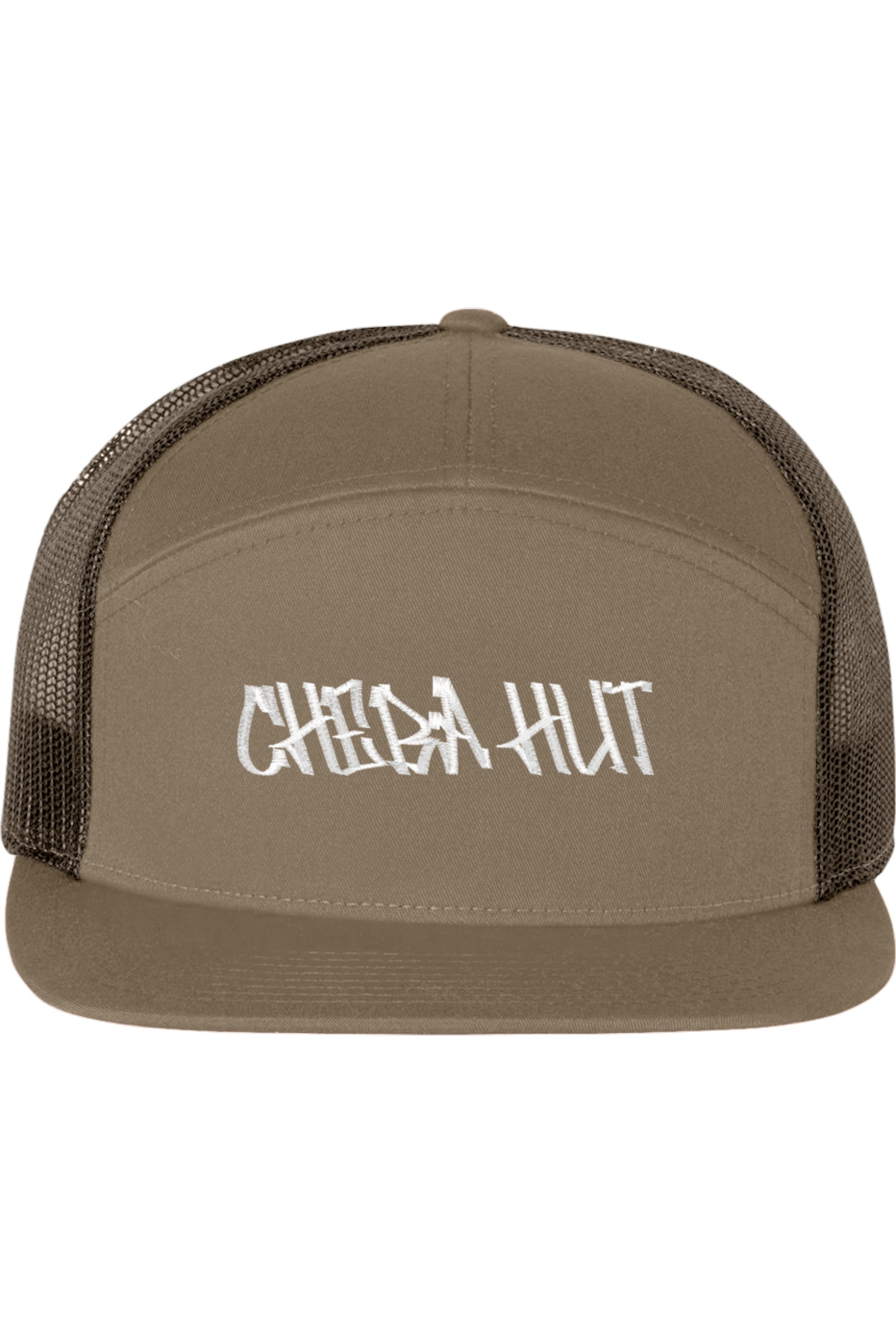 A seven -panel trucker hat with a solid tan front panel and brim. The back two panels are brown mesh. The front of the hat features the white stylized text 'CHEBA HUT'. The hat has a slightly curved brim and a visible button on the top.