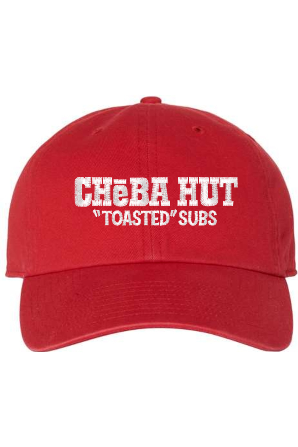 A red baseball cap with a curved brim. The front of the cap features the white stylized text 'CHEBA HUT "TOASTED" SUBS' embroidered across the center. The cap has a visible button on the top and an adjustable strap in the back (not visible).