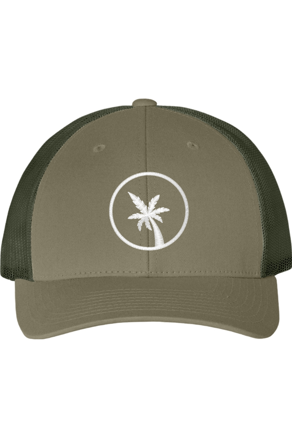Green and gray cap with a palm tree logo on a white background