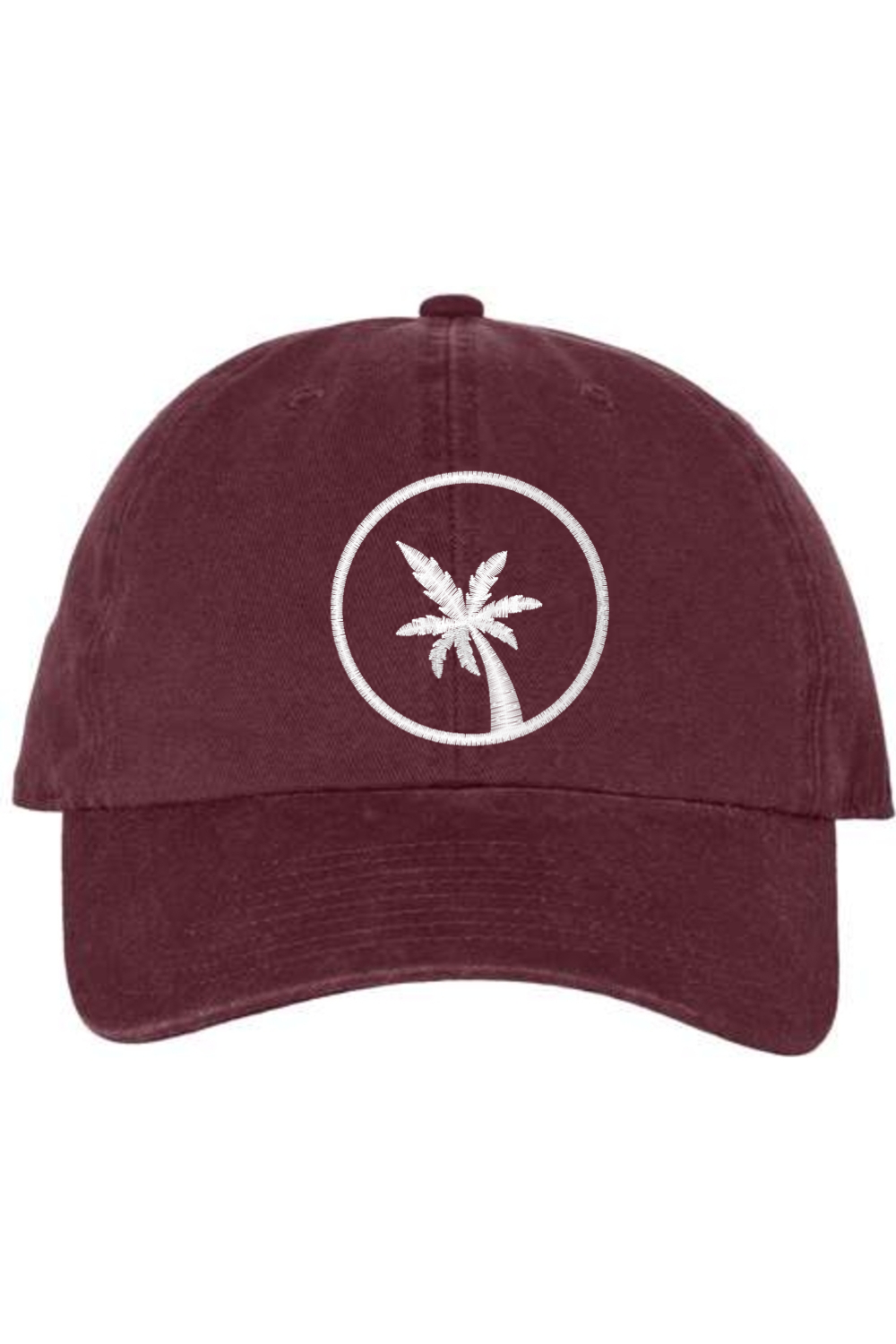 A maroon baseball cap with a curved brim. The front of the hat features an embroidered seven frond Palm Tree in white thread. The cap has a visible button on the top and an adjustable strap in the back (not visible).