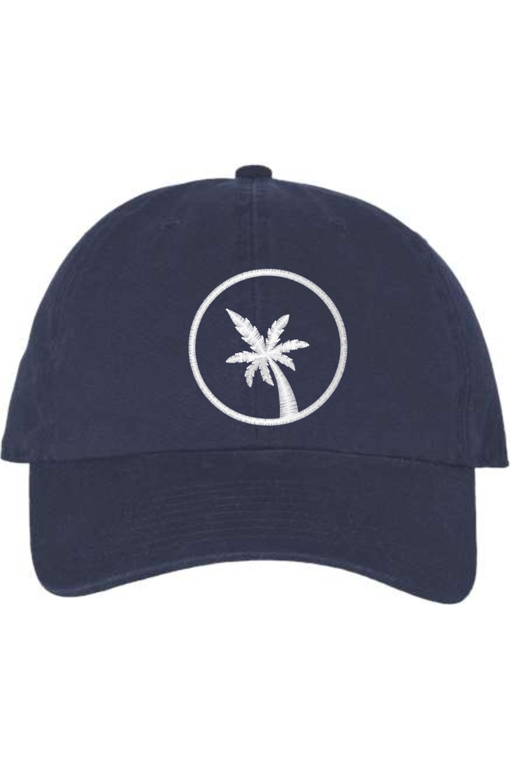 A vintage navy baseball cap with a curved brim. The front of the hat features an embroidered seven frond Palm Tree in white thread. The cap has a visible button on the top and an adjustable strap in the back (not visible).
