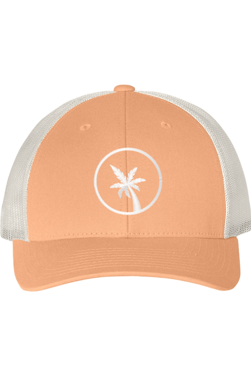 Peach-colored cap with white mesh back and palm tree logo on a white background
