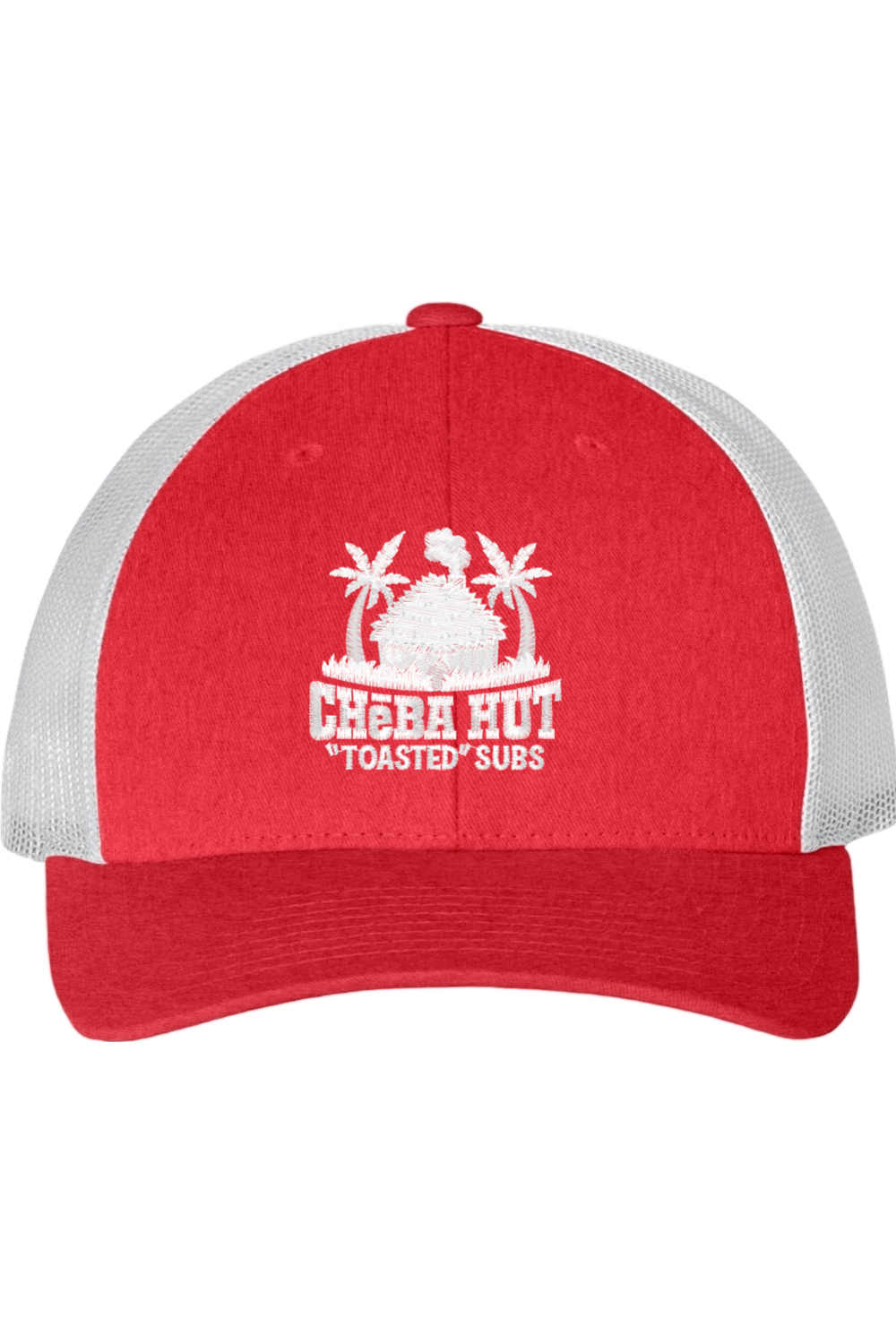 Red and white cap with 'Cheba Hut Toasted Subs' logo on a white background