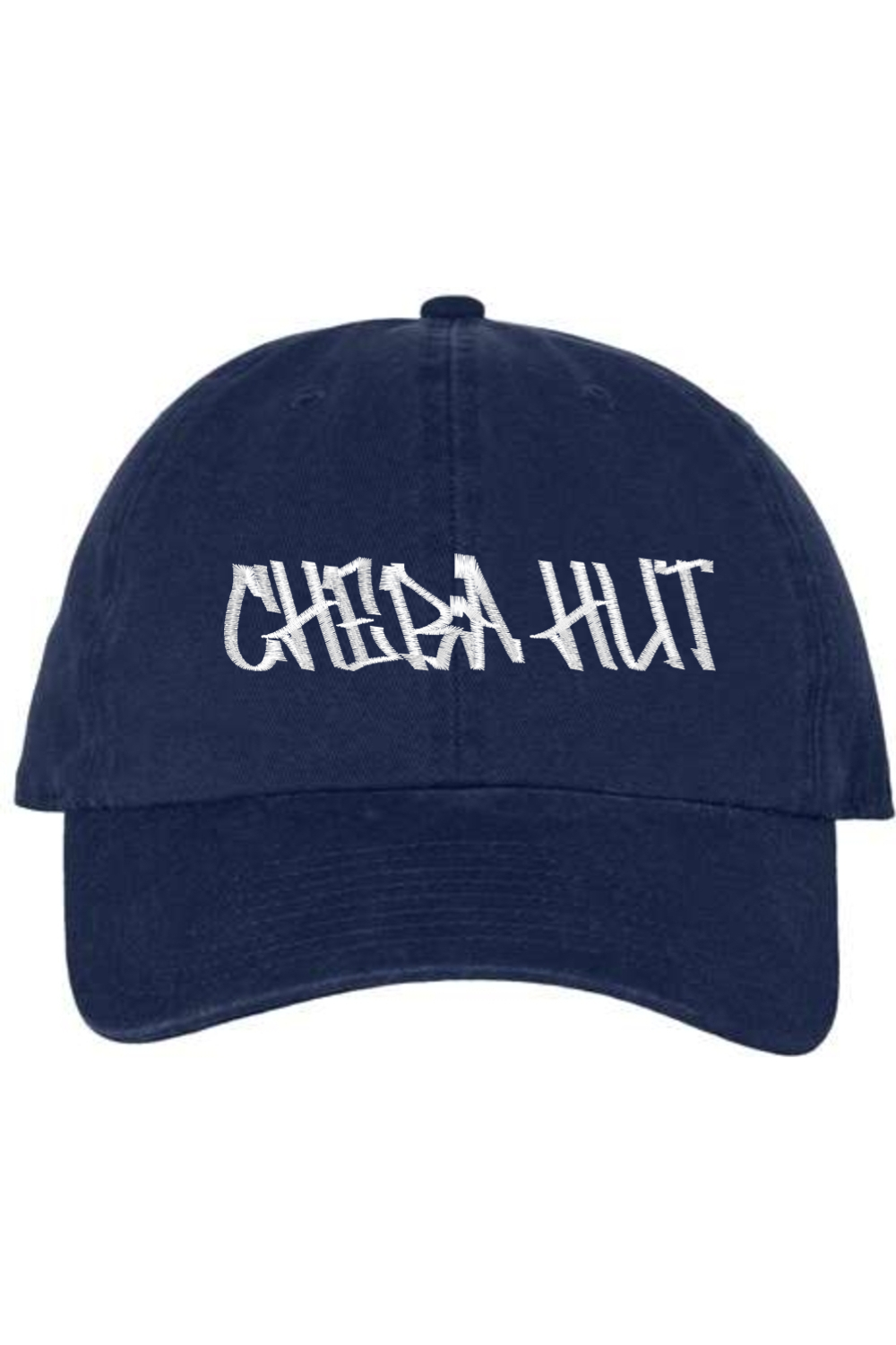 A navy baseball cap with a curved brim. The front of the cap features the white stylized text 'CHEBA HUT' embroidered across the center. The cap has a visible button on the top and an adjustable strap in the back (not visible).