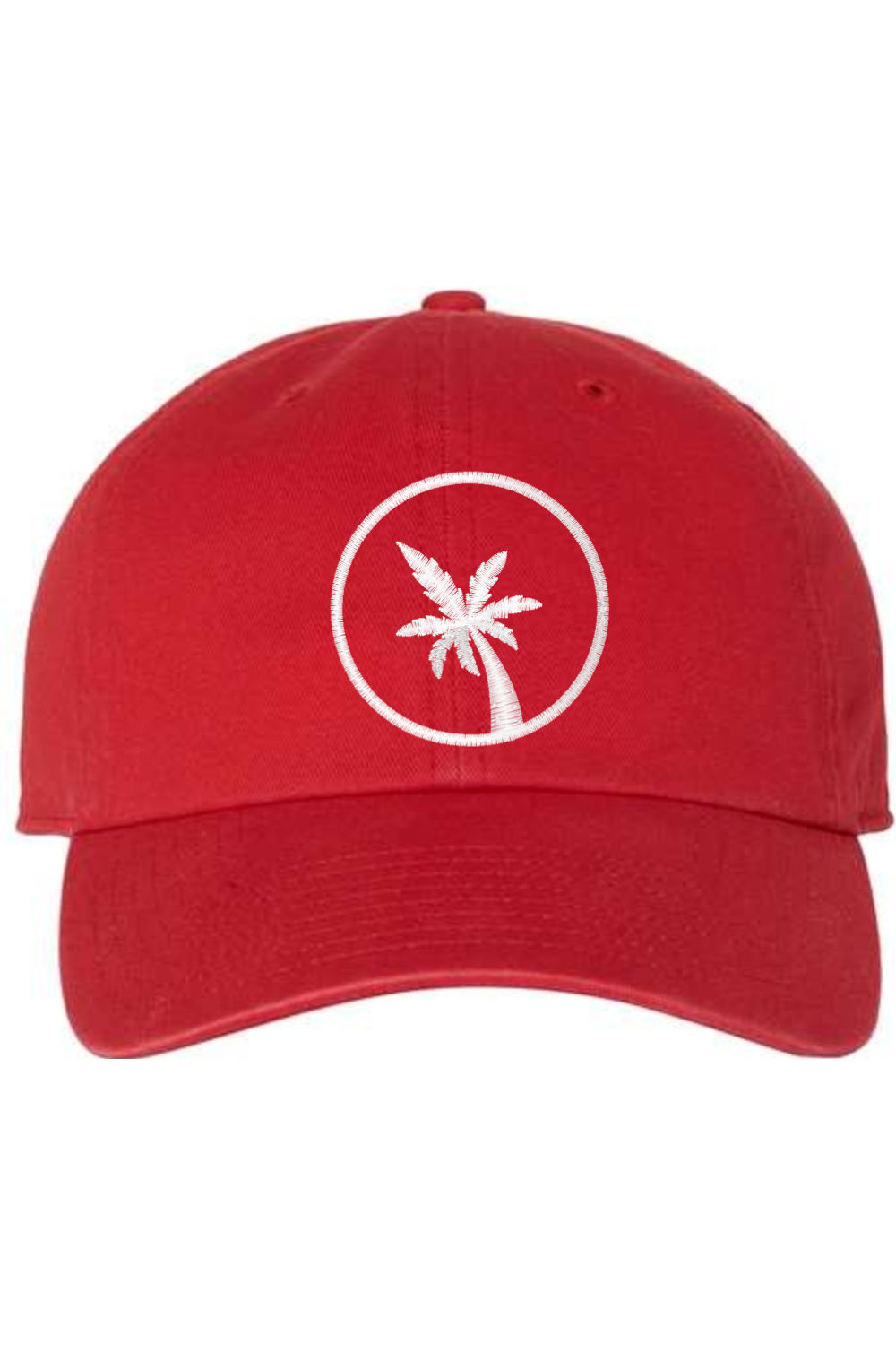 A red baseball cap with a curved brim. The front of the hat features an embroidered seven frond Palm Tree in white thread. The cap has a visible button on the top and an adjustable strap in the back (not visible).