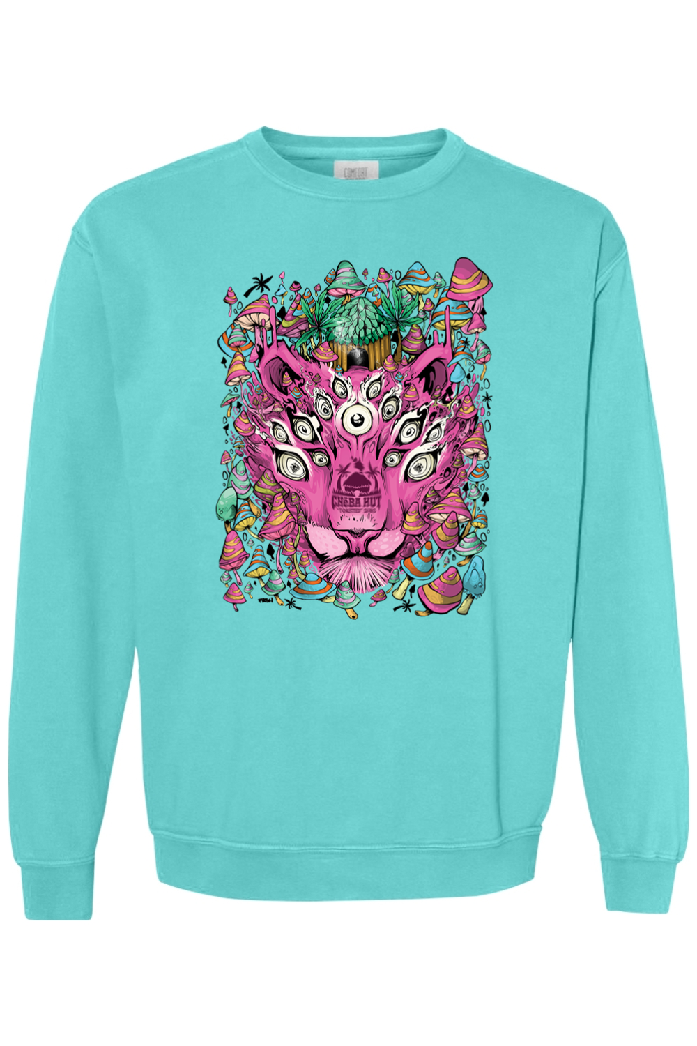 A light blue sweatshirt with a psychedelic graphic of a multi-eyed pink panther head surrounded by colorful mushrooms.