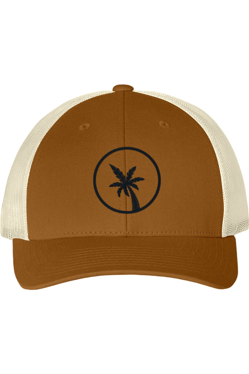 Brown and beige cap with a palm tree logo on a white background