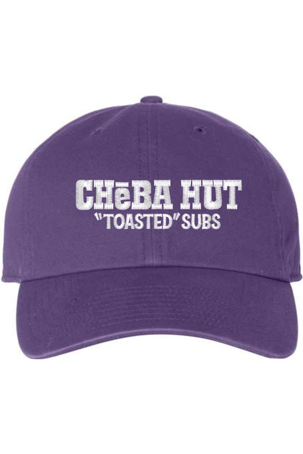 A purple baseball cap with a curved brim. The front of the cap features the white stylized text 'CHEBA HUT "TOASTED" SUBS' embroidered across the center. The cap has a visible button on the top and an adjustable strap in the back (not visible).