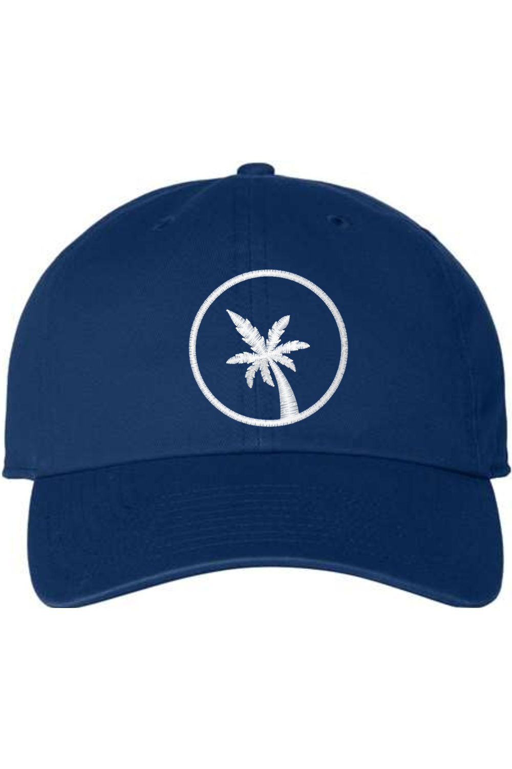 A royal blue baseball cap with a curved brim. The front of the hat features an embroidered seven frond Palm Tree in white thread. The cap has a visible button on the top and an adjustable strap in the back (not visible).
