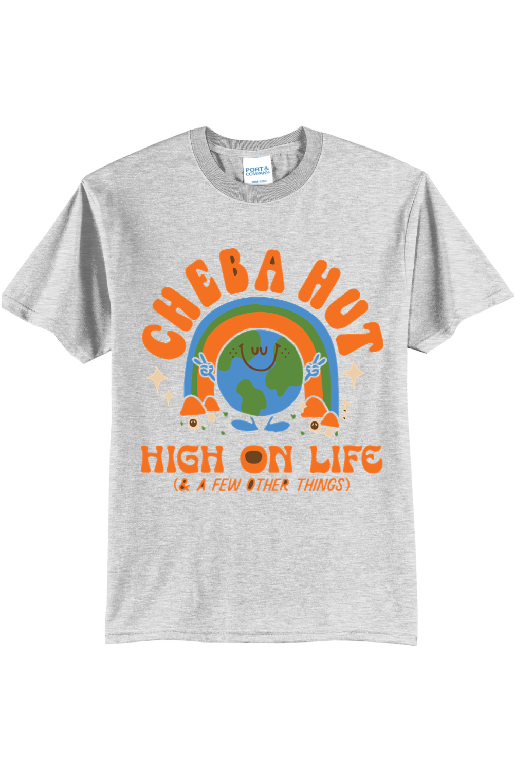 A light grey short-sleeved t-shirt featuring a retro-style graphic with a smiling Earth under a rainbow, palm trees, and the text 'CHEBA HUT' and 'HIGH ON LIFE (& A FEW OTHER THINGS)'.