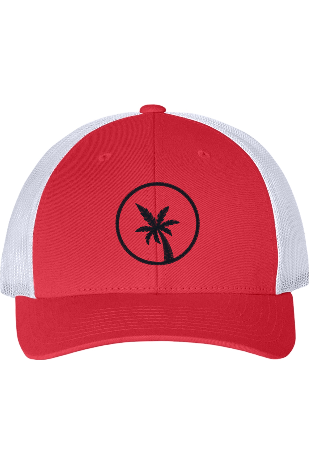 Red and white cap with a black palm tree design on a white background