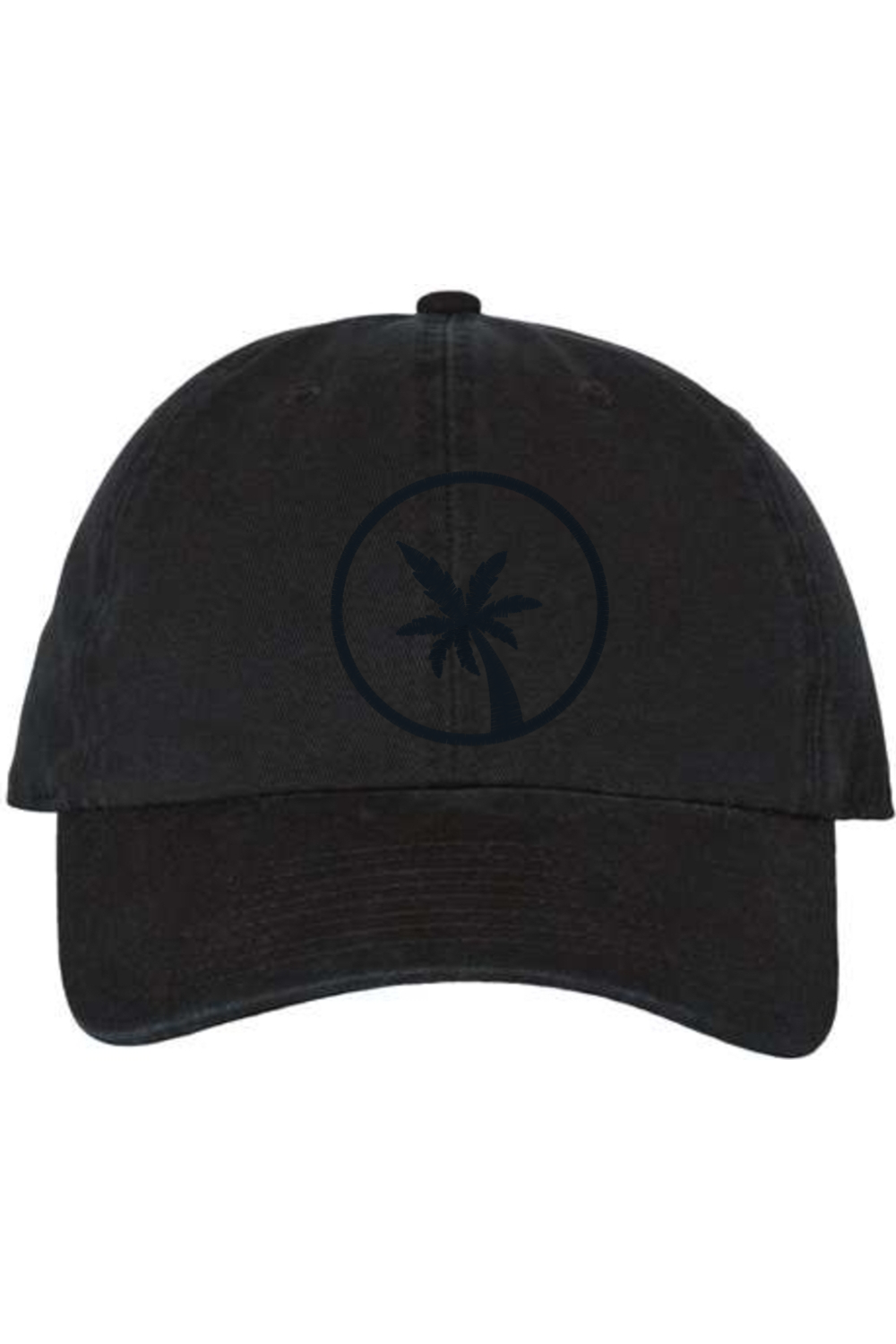 A black baseball cap with a curved brim. The front of the hat features an embroidered seven frond Palm Tree in black thread. The cap has a visible button on the top and an adjustable strap in the back (not visible).