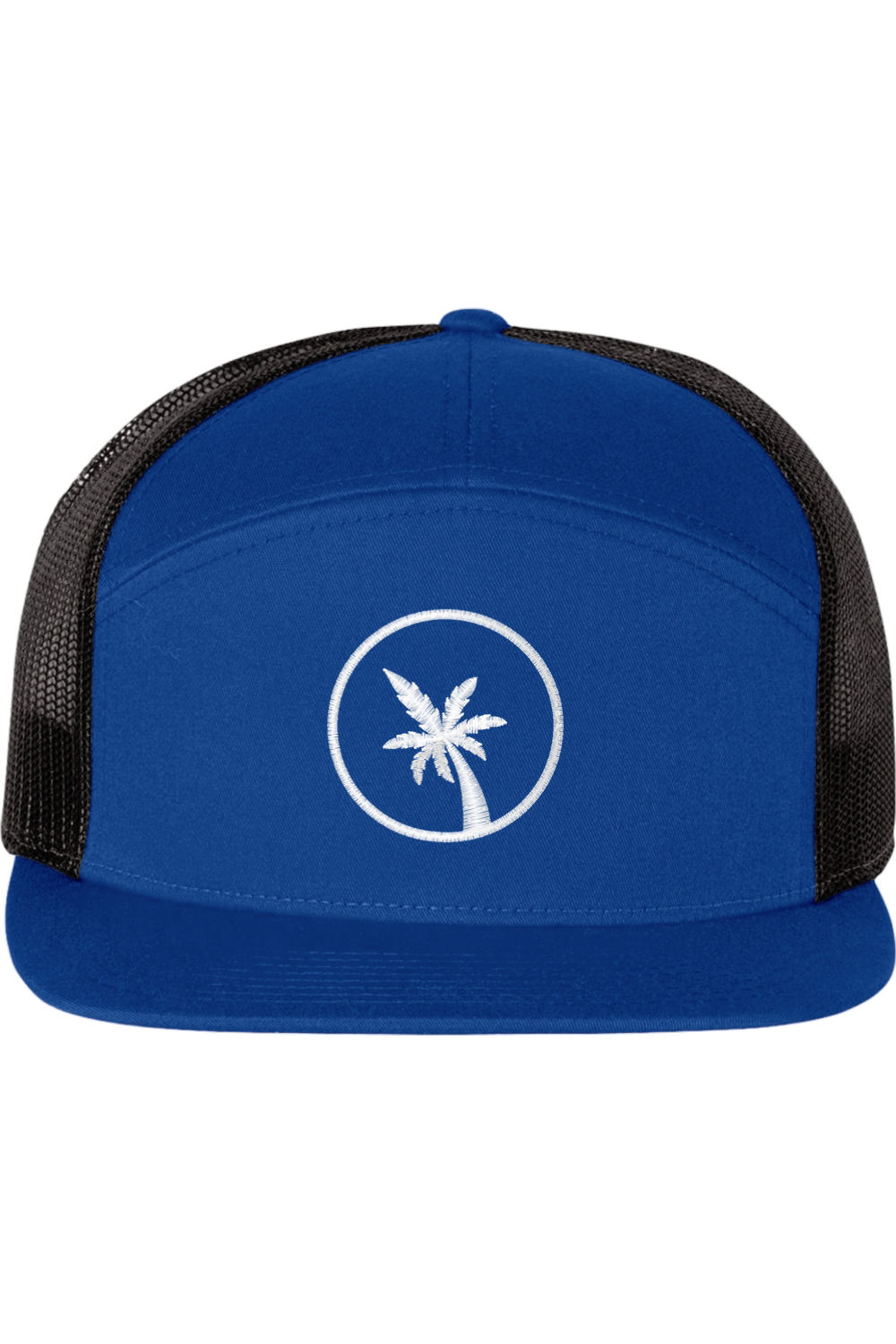 A seven -panel trucker hat with a solid royal blue front panel and brim. The back two panels are black mesh. The front of the hat features a seven frond palm tree in white thread. The hat has a slightly curved brim and a visible button on the top.