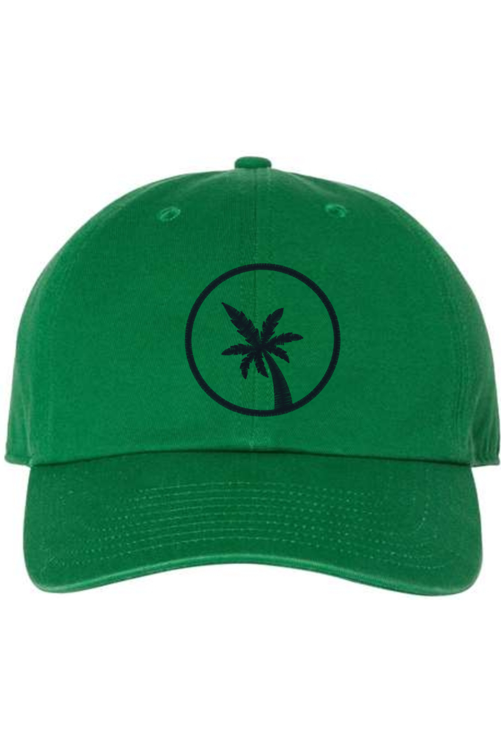 A Kelly green baseball cap with a curved brim. The front of the hat features an embroidered seven frond Palm Tree in black thread. The cap has a visible button on the top and an adjustable strap in the back (not visible).