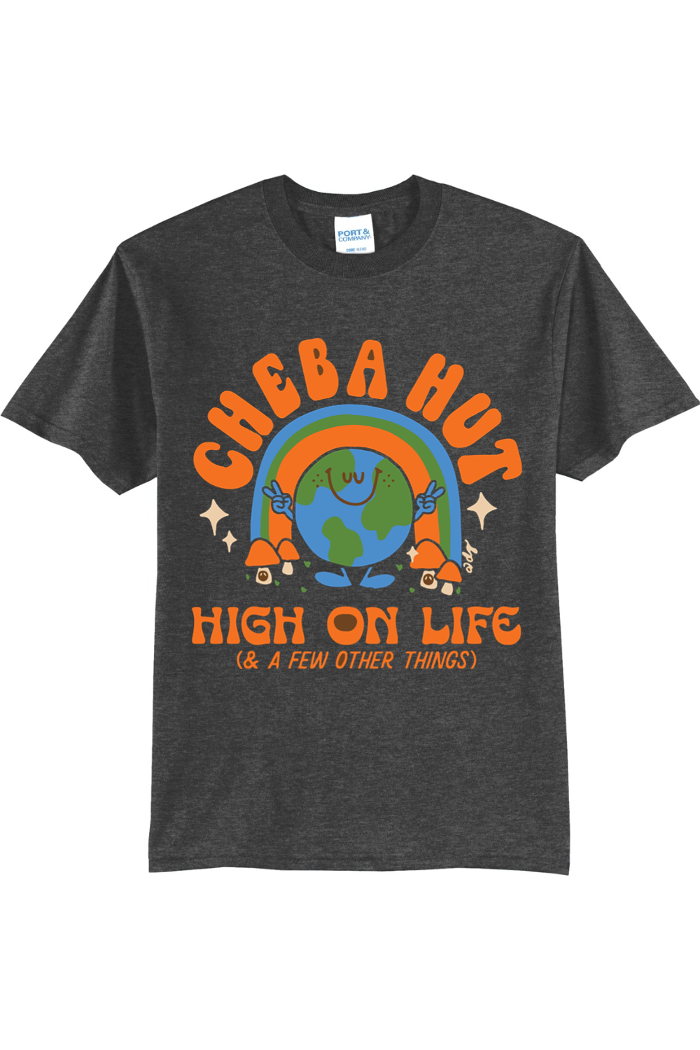 A charcoal short-sleeved t-shirt featuring a retro-style graphic with a smiling Earth under a rainbow, palm trees, and the text 'CHEBA HUT' and 'HIGH ON LIFE (& A FEW OTHER THINGS)'.
