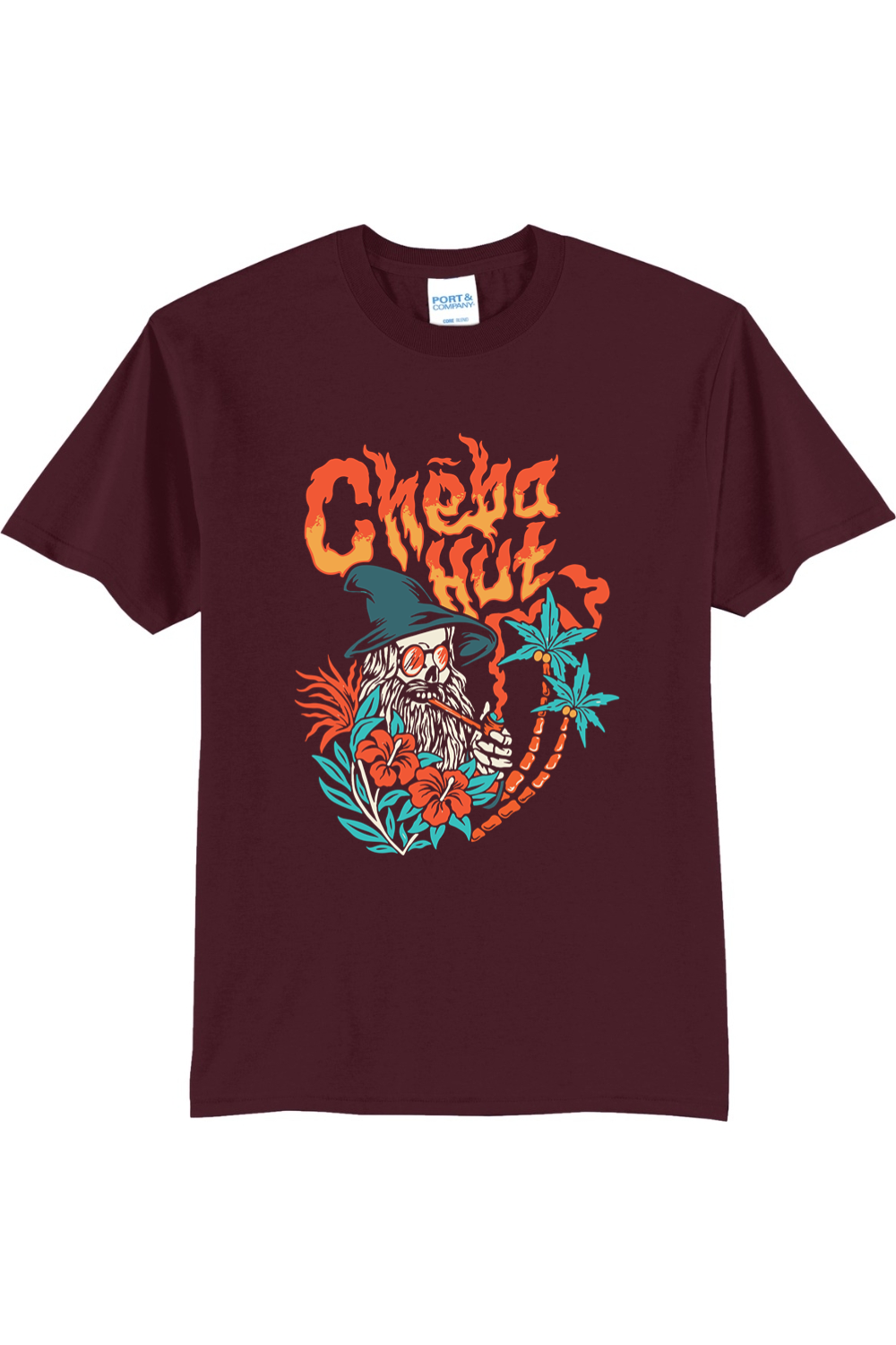 A Maroon short-sleeved t-shirt featuring a colorful graphic on the back depicting a wizard-like figure with a long white beard, a pointed hat, sunglasses, and a pipe, surrounded by flames, hibiscus flowers, and palm trees, with the 'Cheba Hut' logo above.