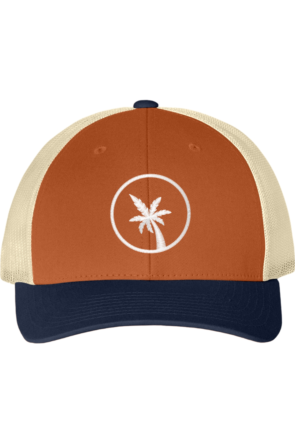 An orange and cream trucker hat with a blue bill and a palm tree design on a white background