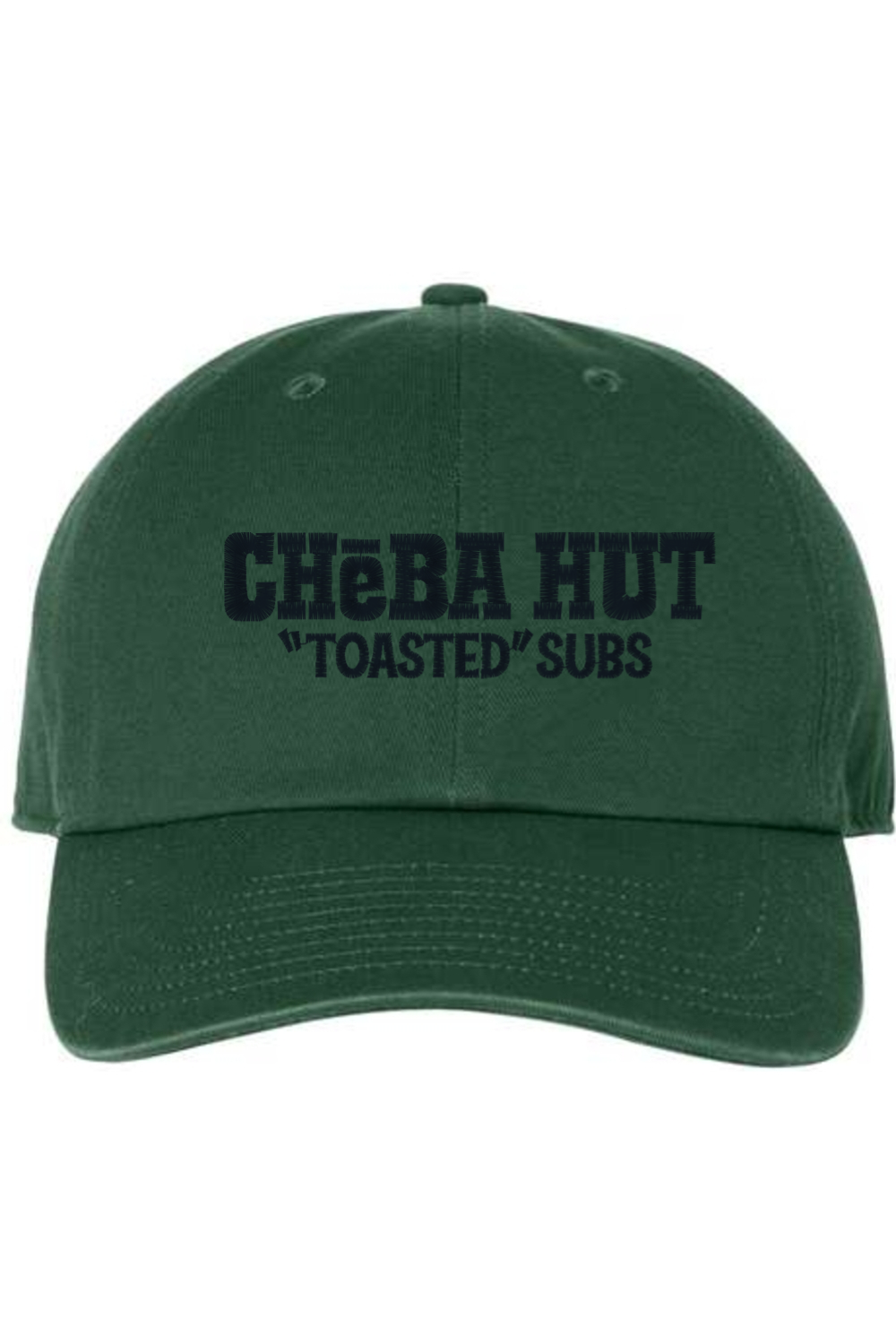 A dark green baseball cap with a curved brim. The front of the cap features the black stylized text 'CHEBA HUT "TOASTED" SUBS' embroidered across the center. The cap has a visible button on the top and an adjustable strap in the back (not visible).