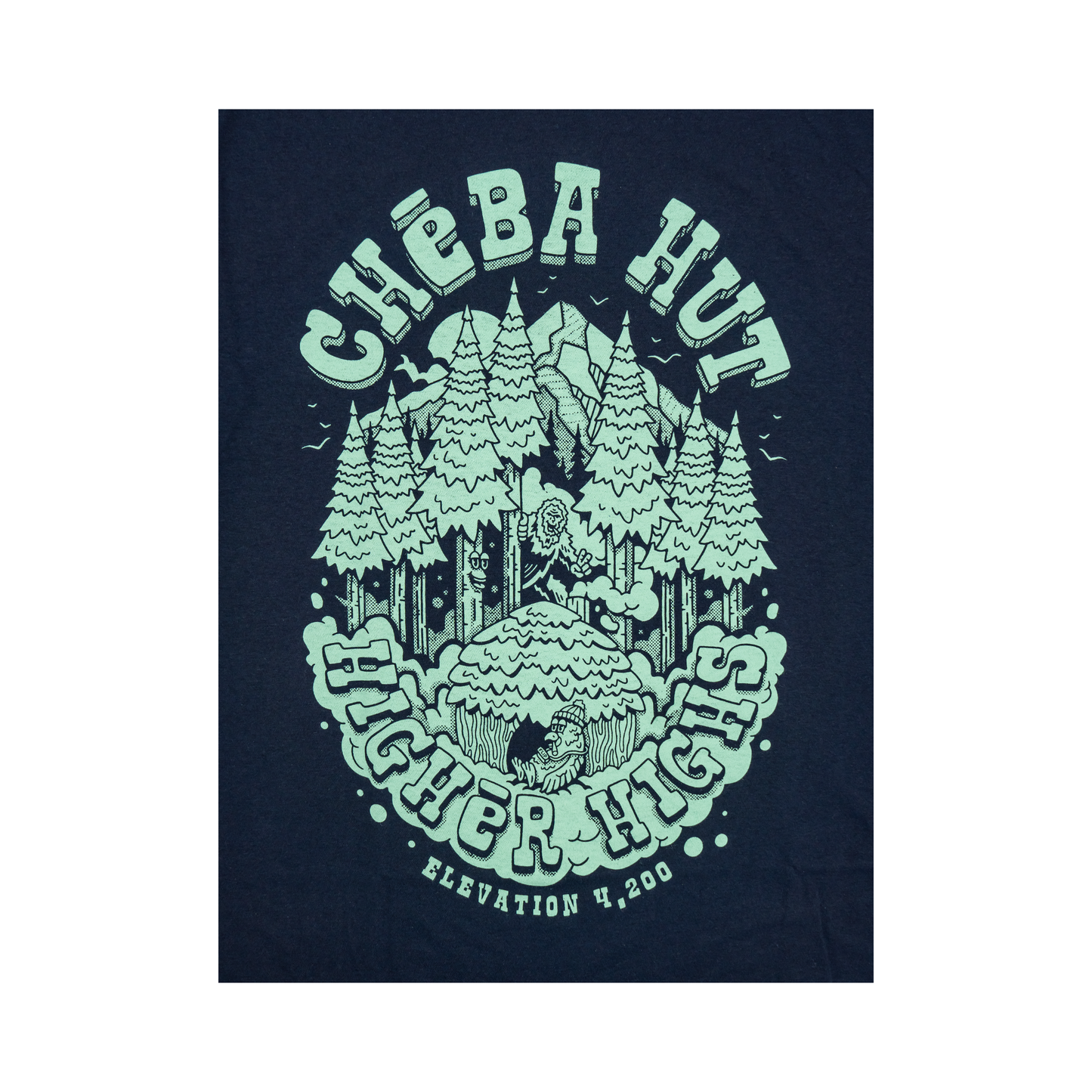 Close up image of a light blue graphic featuring 'CHEBA HUT' arched above a mountain scene with trees, a hut, and the text 'HIGHER HIGHS ELEVATION 4,200'.
