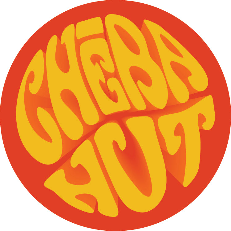 A circular red sticker or decal featuring retro psychedelic-style yellow text that reads 'CHEBA HOT' on a plain white background.