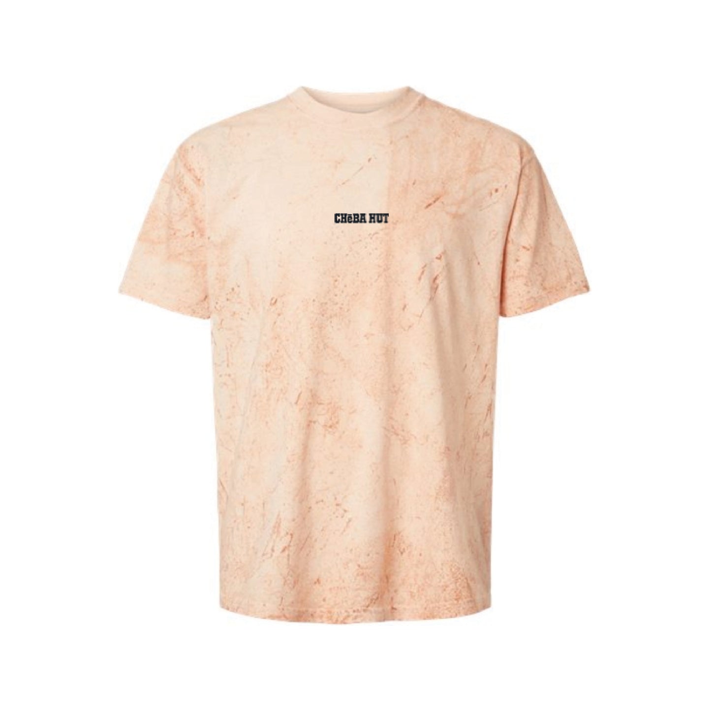 A light umber short-sleeve t-shirt with a subtle mineral-wash texture, featuring the text 'CHEBA HUT' embroidered in black on the center chest.