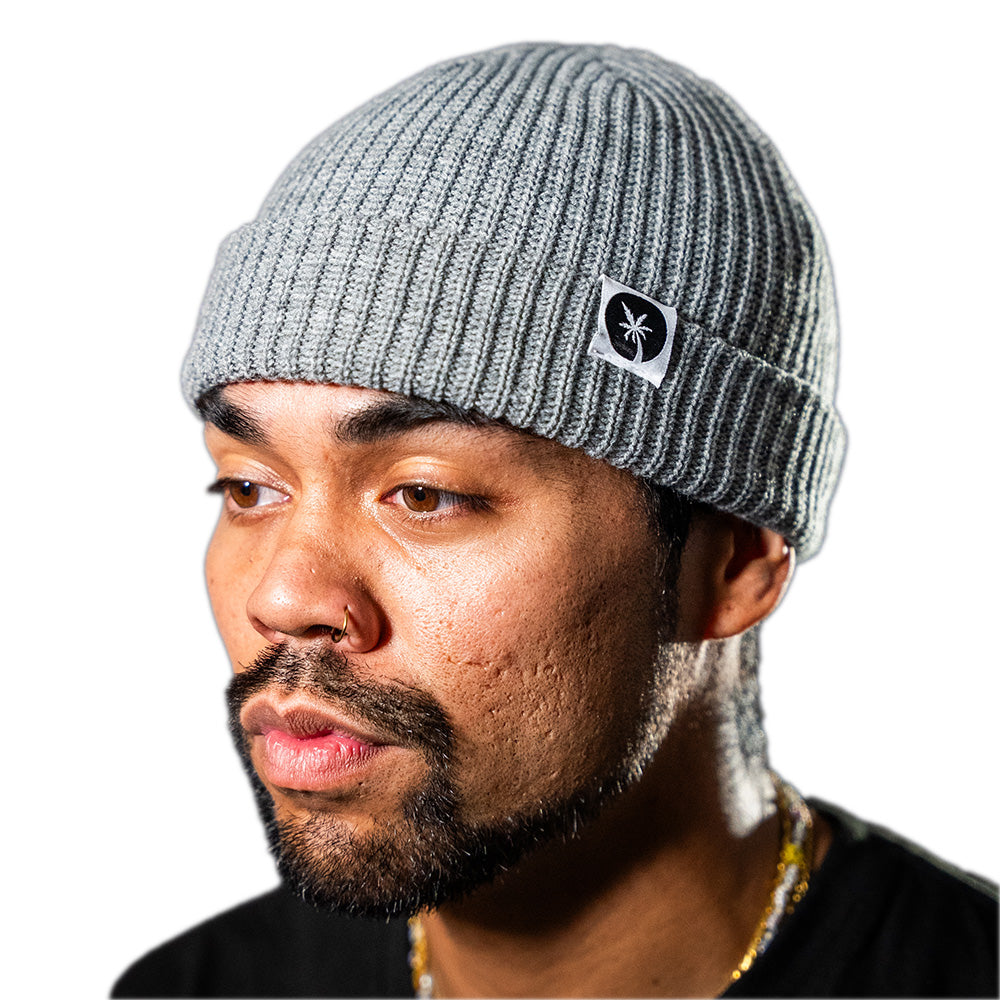 A close-up of a man wearing a gray ribbed knit beanie with a small black and white palm tree logo patch on the side, set against a plain white background.
