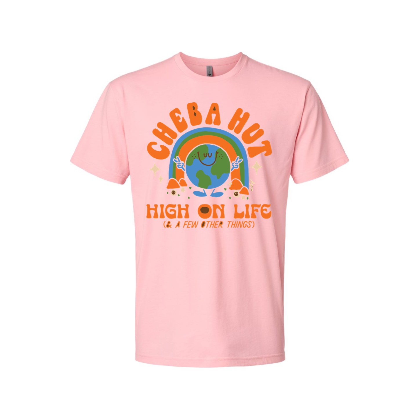 A pink short-sleeved t-shirt featuring a retro-style graphic with a smiling Earth under a rainbow, palm trees, and the text 'CHEBA HUT' and 'HIGH ON LIFE (& A FEW OTHER THINGS)'.