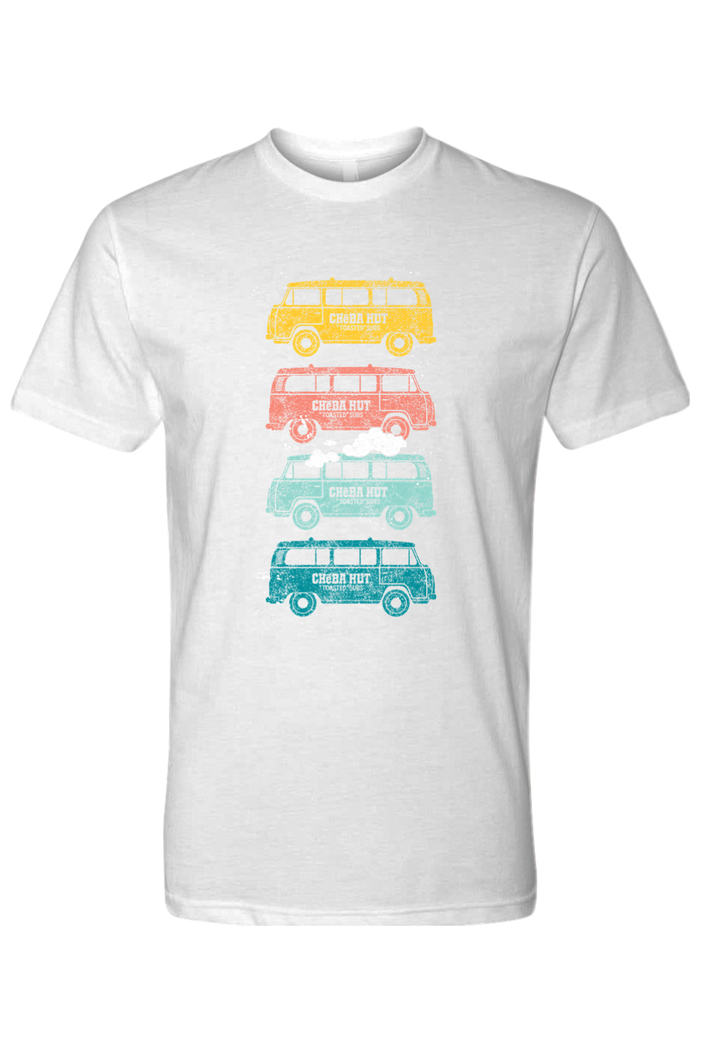 An image of a white tee shirt displaying four vertically stacked, vintage-style vans in yellow, coral, light blue, and teal. Each van has the Cheba Hut logo and 'Toasted Subs' text printed on its side.