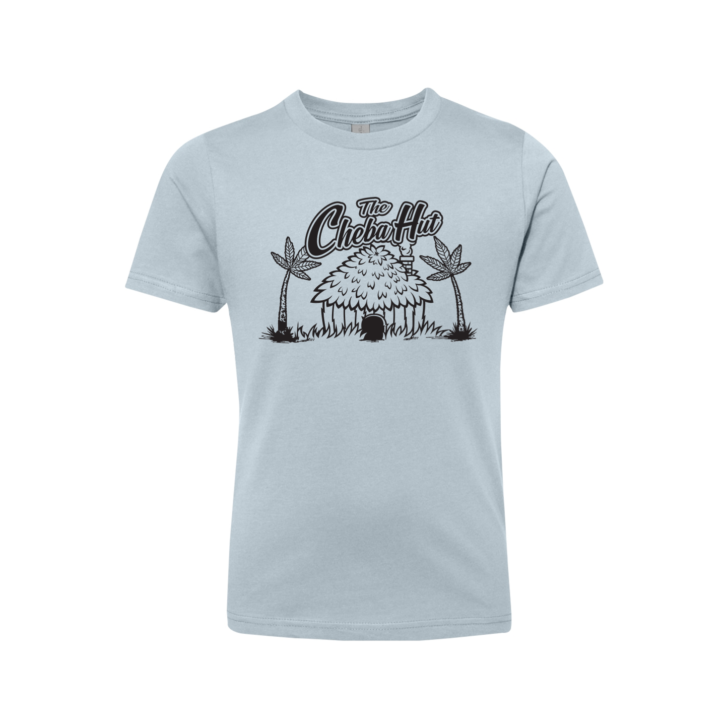 A light blue short-sleeved t-shirt featuring a black line-art illustration of a thatched hut with palm trees and the 'Cheba Hut' logo.