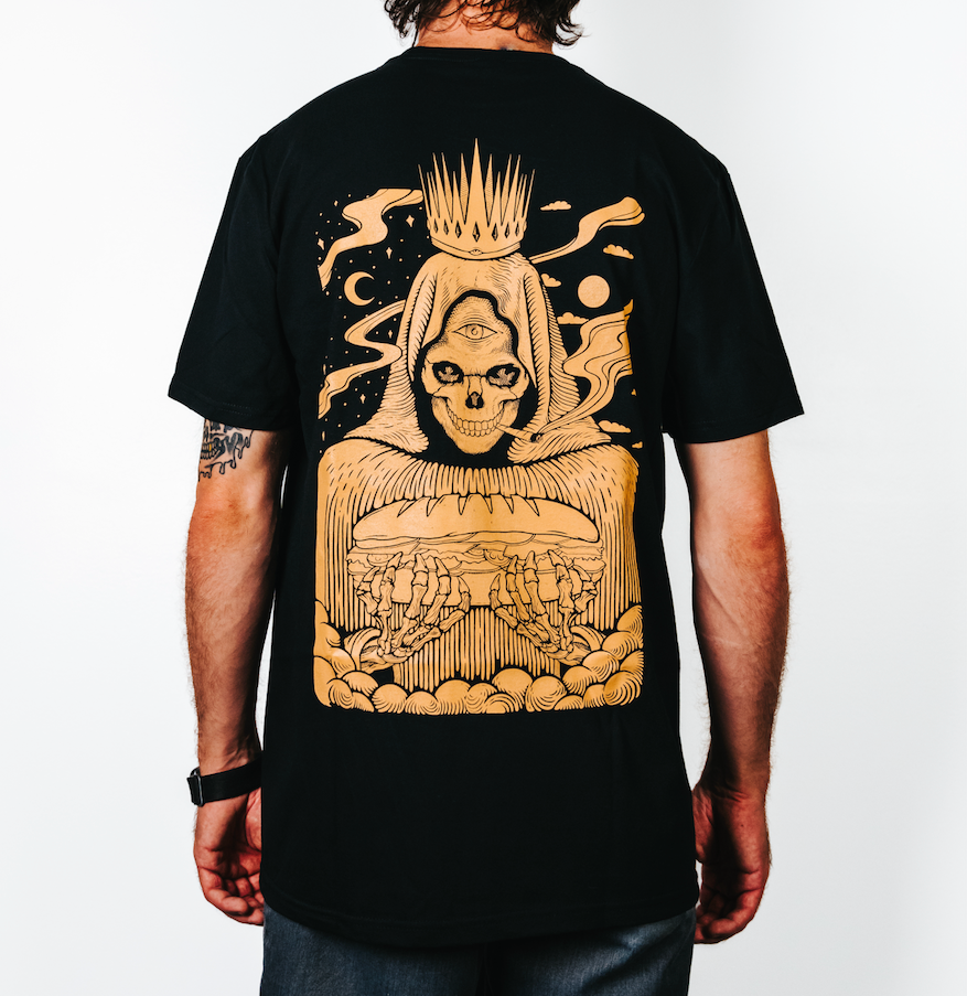 Image of Cheba Hut Black Tee with the Grim Reaper holding a sub sandwich