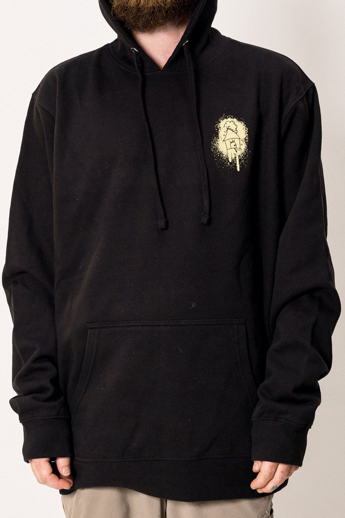 Image of Cheba Hut Hoodie in Graffiti, front view features a small hut that looks like spray paint graffiti.