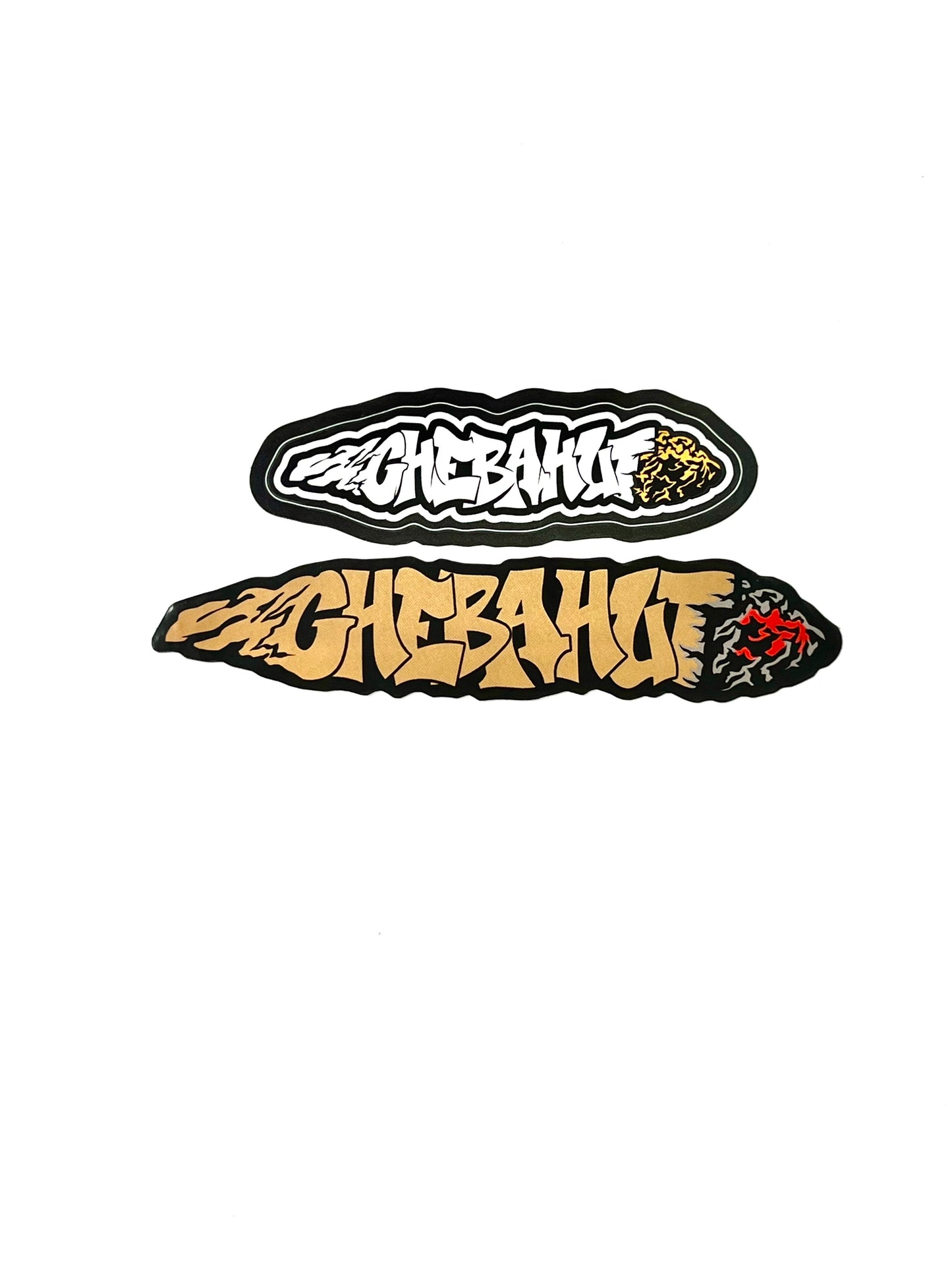 Image of a set of two stickers on a white surface. The top sticker is an oval blunt with the black and gold outlined text 'Cheba Hut'. The bottom sticker is an elongated, joint with the gold text 'Cheba Hut' outlined in black and featuring red and black flame-like designs on one end.
