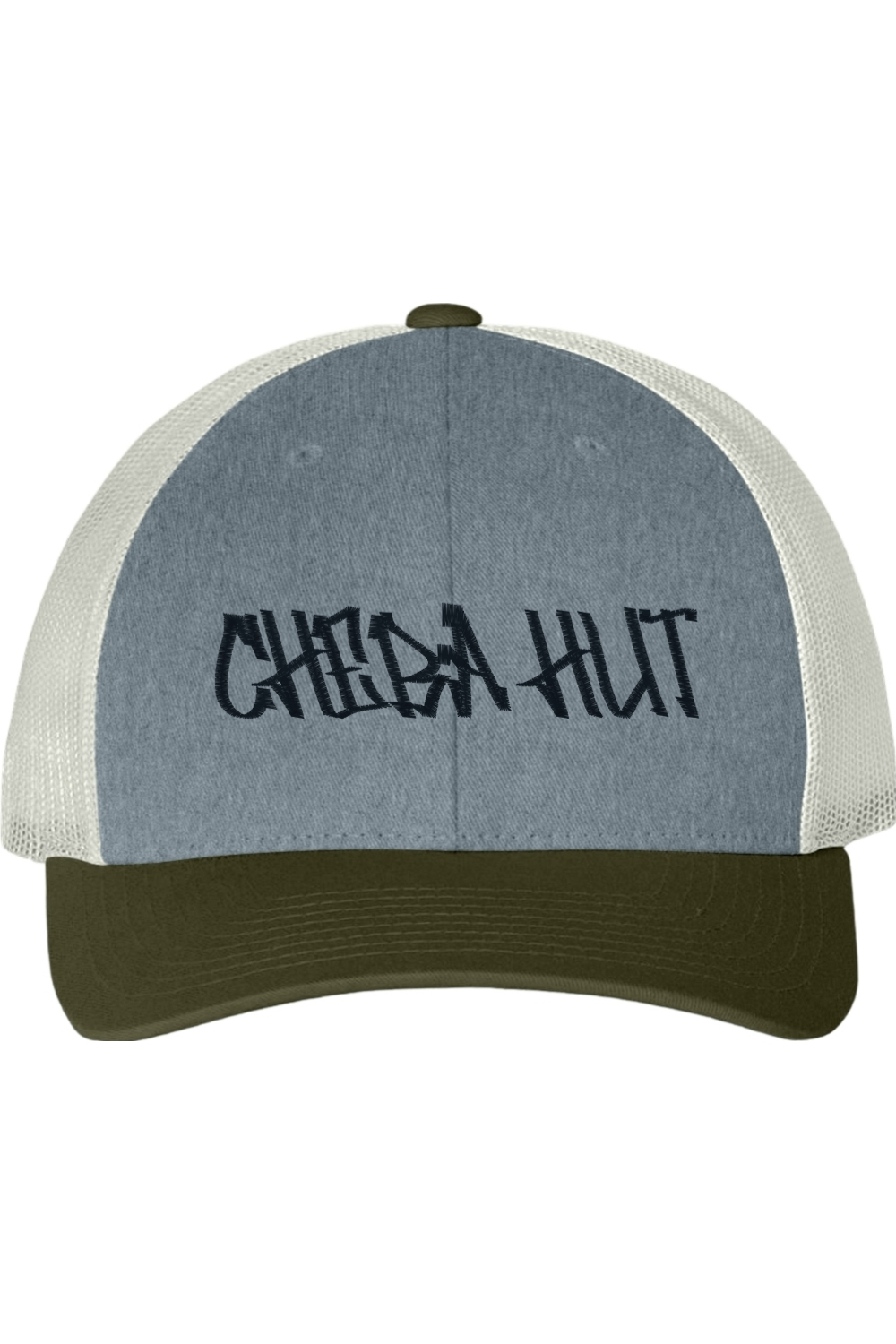 A six panel Trucker hat with 'CHEBA HUT' text on a white background. The bill is an olive green and the front panel is grey. The side mesh is an off white. 