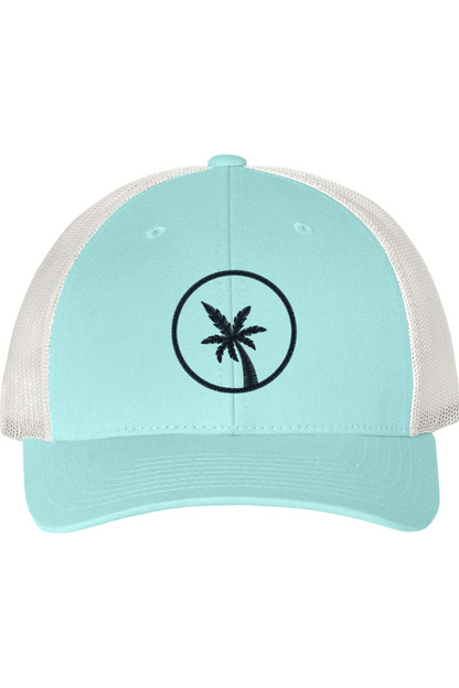 Light blue cap with a palm tree design on a white background