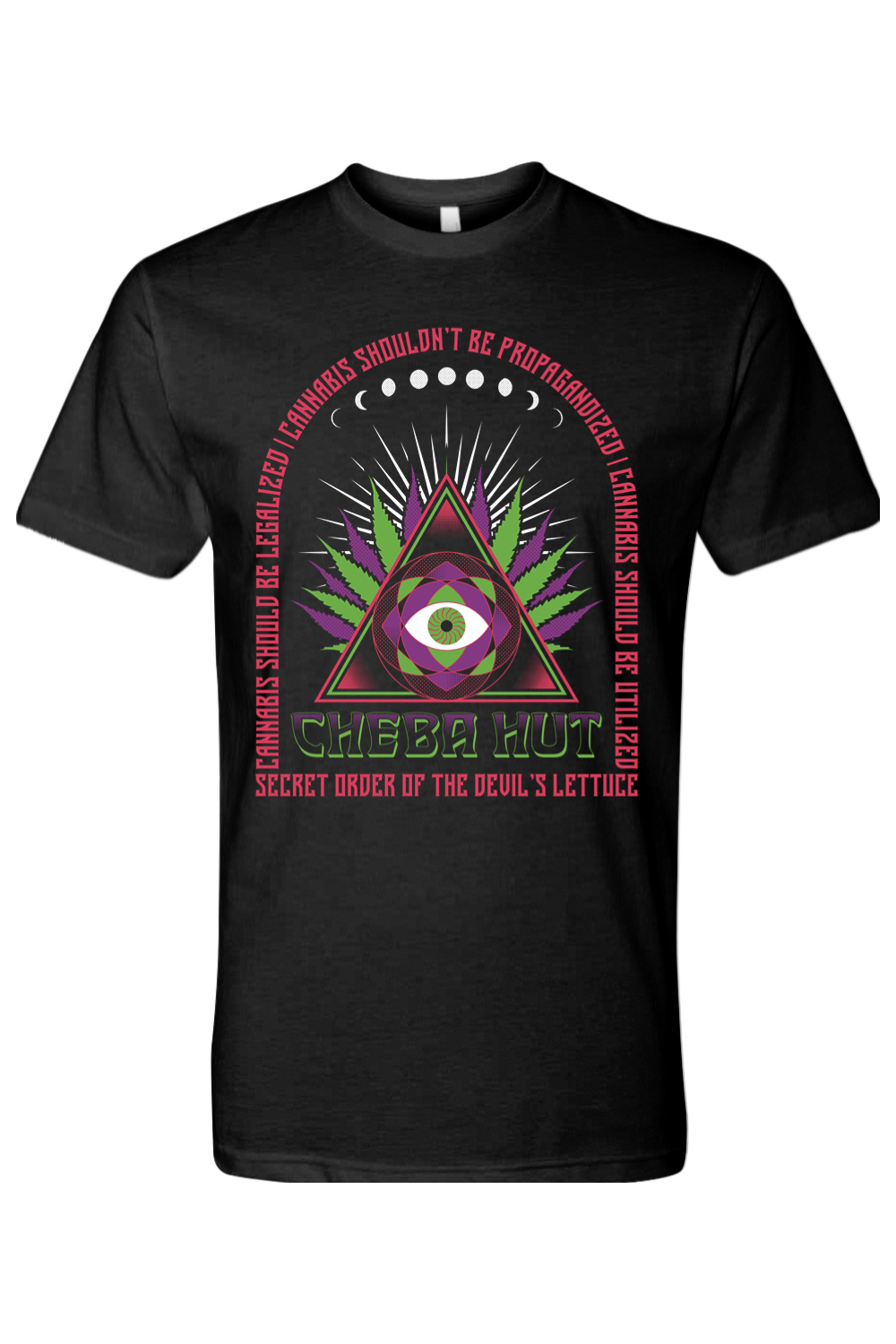 Black t-shirt with a colorful graphic design and text on a white background