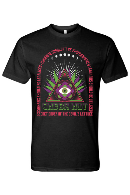 Black t-shirt with a colorful graphic design and text on a white background