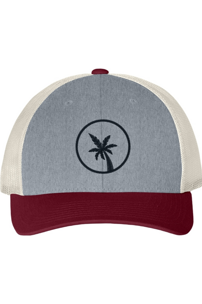 Gray and red cap with a palm tree design on a white background