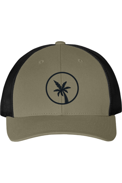 Kaki and black cap with palm tree design on a white background