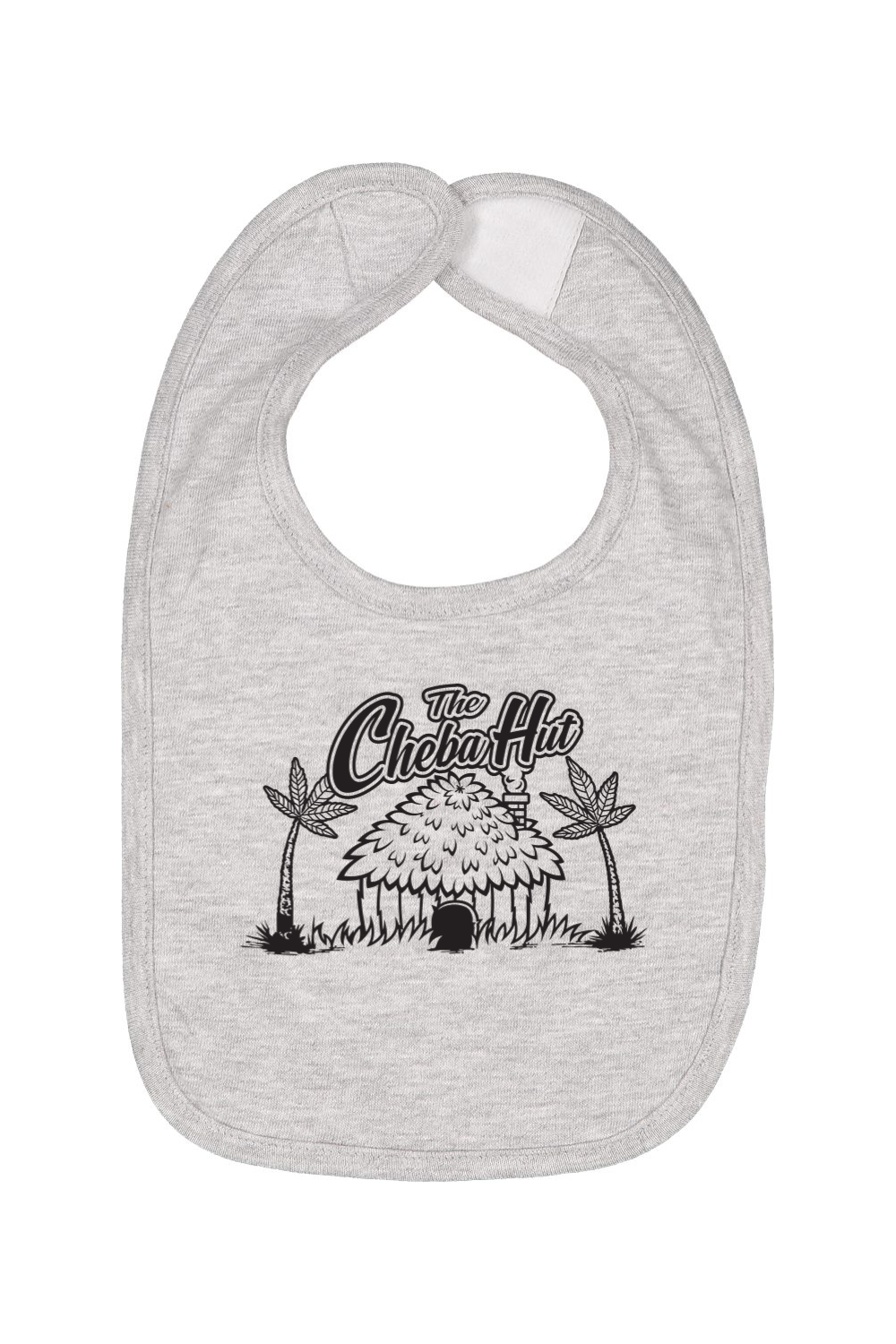 Gray bib with a black graphic design on a white background