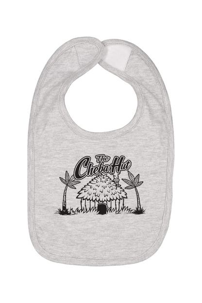 Gray bib with a black graphic design on a white background