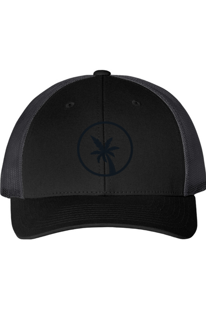 Black cap with a palm tree design on a white background