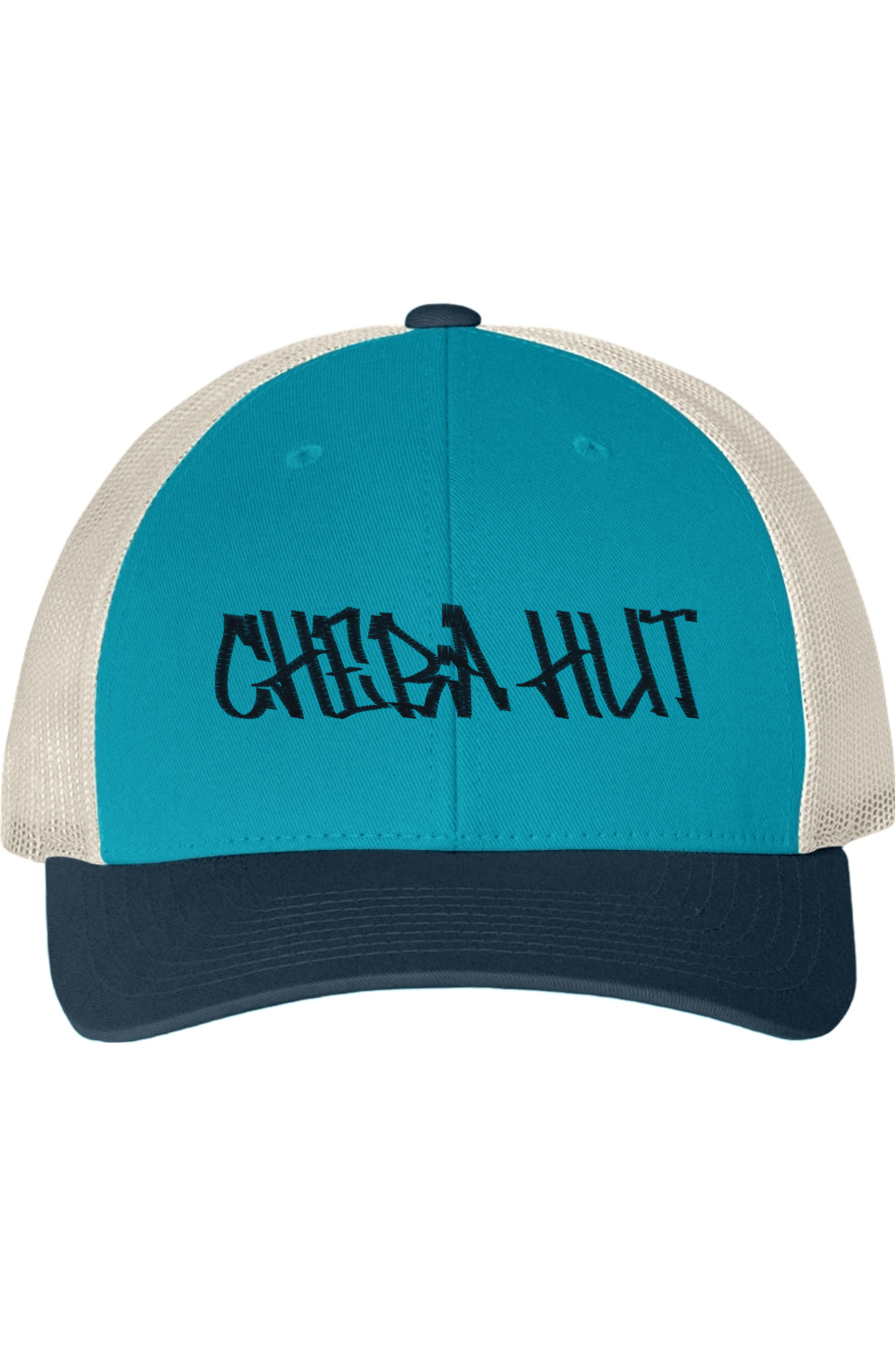 Blue and beige cap with 'CHEBA HUT' text on a white background