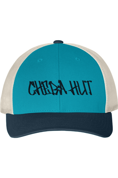 Blue and beige cap with 'CHEBA HUT' text on a white background